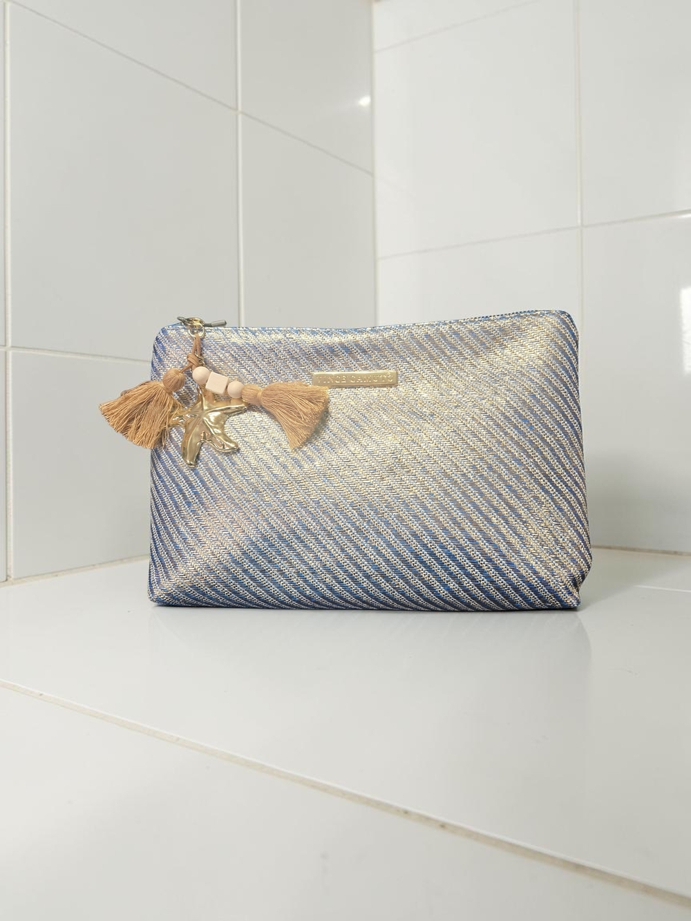 NEW Vince Camuto Blue Pouch Clutch with Seashell Bag Charm Dimensions 10"x7"x3"